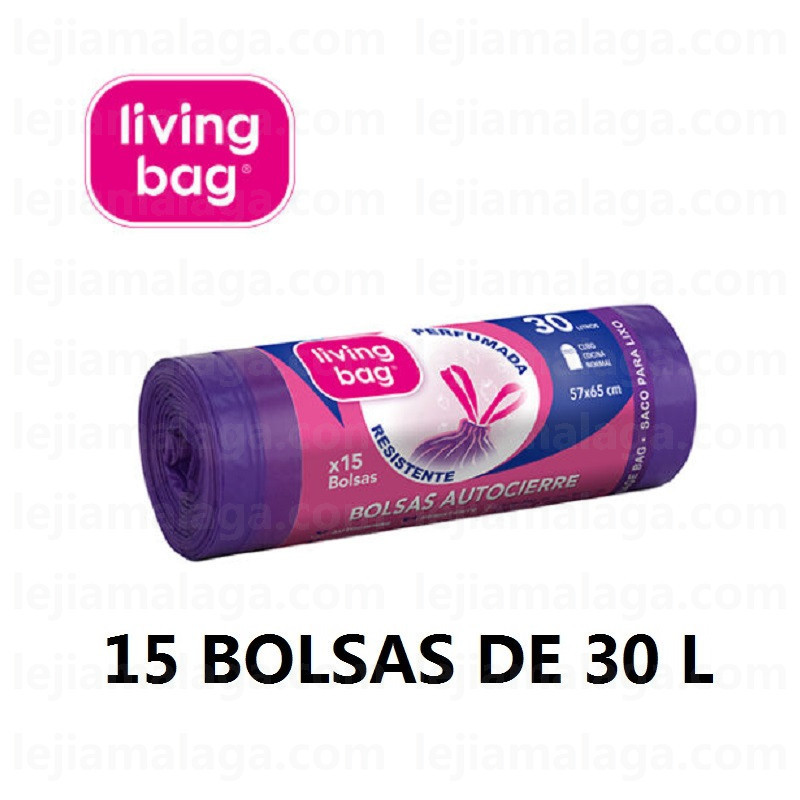 8435014438297BOLSA BASURA LIVING BAG 15 BOLSAS 30 LITROS LILA 57x65CM