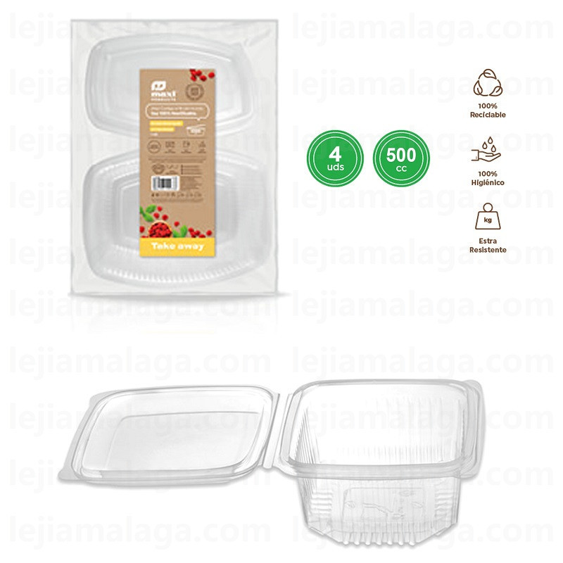 ENVASE RECTANGULAR TRANSPARENTE 500 CC 4 U
