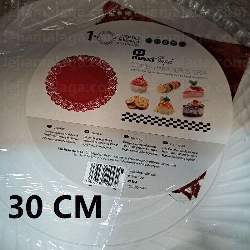 8436030229531BANDEJA CARTON REDONDA PAPEL ROJO CON BLONDA 30CM