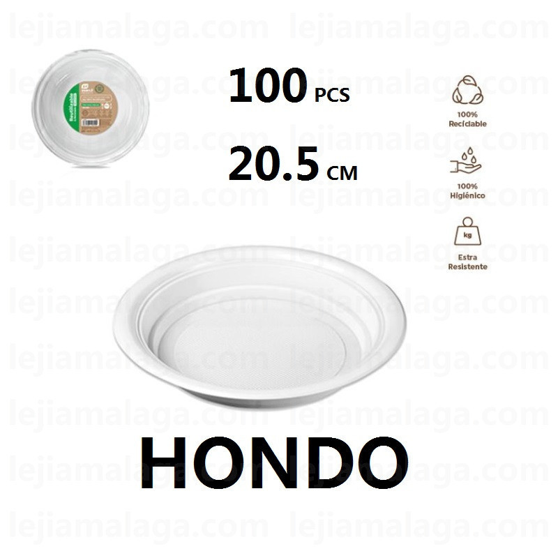 8435507222594PLATO PLASTICO REUTILIZABLE 20.5 CM HONDO REDONDO BLANCO 100 PCS