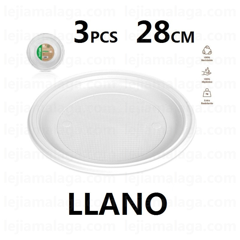 8435507222532PLATO PLASTICO REUTILIZABLE 28 CM LLANO REDONDO BLANCO 3 PCS